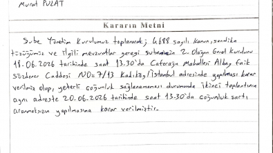 Sendikamız 2 ‘nolu Şubesinin Olağan Genel kuruluna davet